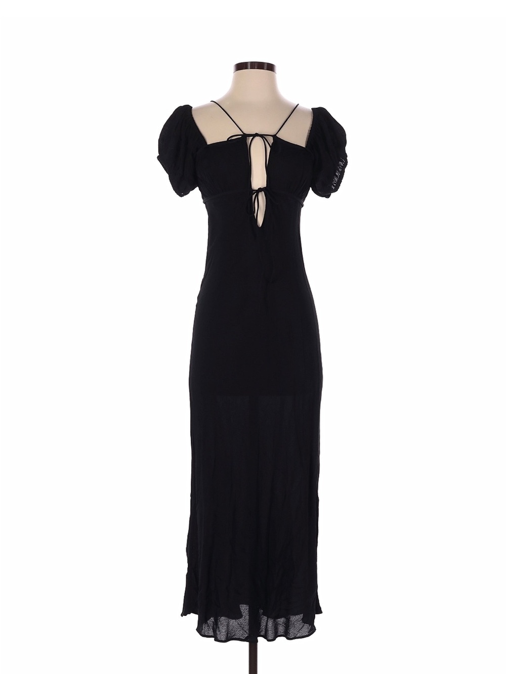 Doen Black Midi Dress with Puff Sleeves and Tie-Front Details
